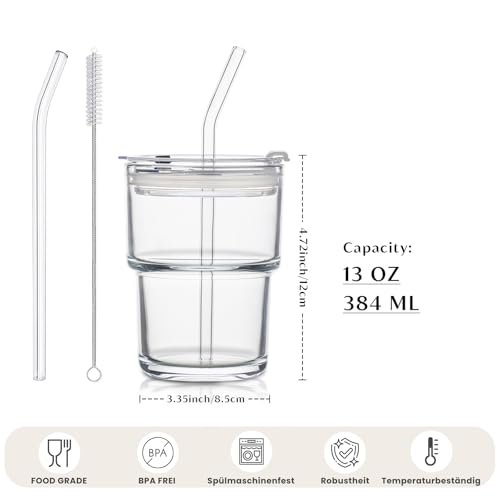 INSETLAN 380ml Glatt Glasbecher mit Deckel und Strohhalm,2 Stück Luftdicht Wasserdicht Design Matcha Gläser, Trinkbecher mit Deckel und Strohhalm Travel Mug, Eiskaffee Becher – Bild 4
