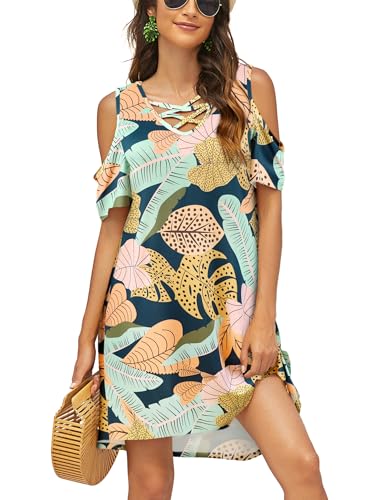 Image of Bluetime Women Cold Shoulder Summer Dress Short Sleeve Beach Casual Loose Swing Dress