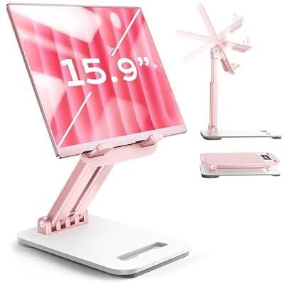LISEN Tablet Stand for iPad Stand Holder Desk, Foldable Home Office Desk Accessories Travel for iPad Holder Dorm College Essentials Portable Monitor Stand Fits Tabs Kindle iPhone 4-15.9" Black (Pink)