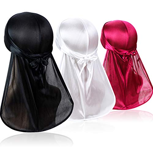 3PCS Premium Soft Men Durag Headwraps with Extra Long Tail and Wide Straps for 360 Waves