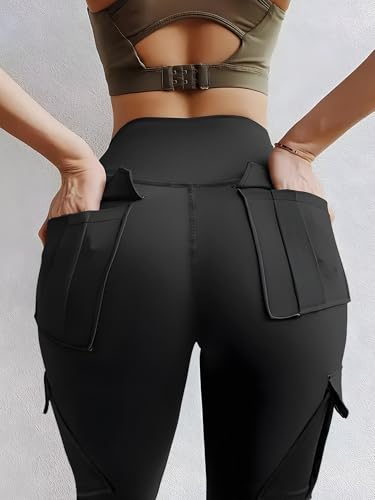 Cargo Compression Leggings with Multi-Pockets,High Waisted Yoga Pants Stretch Tummy Control Casual Pants Gym Athleti, Black, X-Large - Image 4