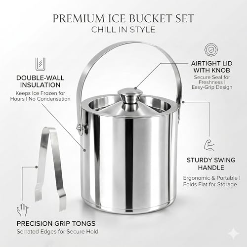 Image of finality Premium Stainless Steel Ice Bucket with Tongs and Jigger - 1 Litre Double Walled Insulated Ice Box for Bar, Home & Parties (Silver Polish IB + Tong)