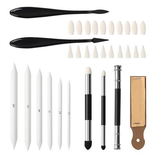 32 Pcs Blending Stumps Set,Sketch Drawing Stumps Pencils Tools Blending Sponge Pen Sketch Wiper with 20 Pcs Sponge Heads for School Students Artists Supplies