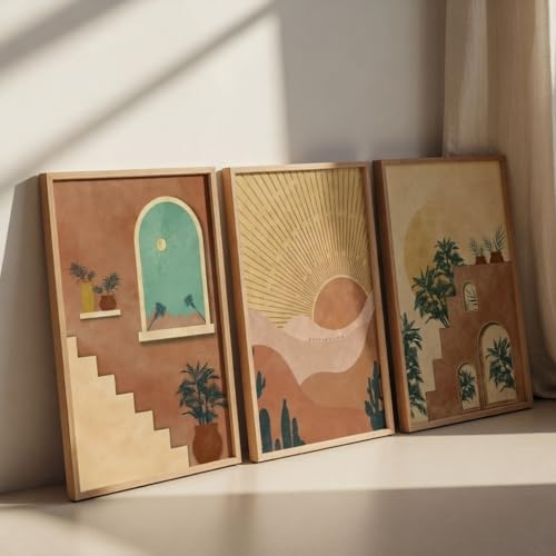 Image of Livin'luxe Set of 3 Desert Arch Wall Art Premium MDF Wooden color Color Framed HD Sparkle Lamination Printed Boho Sunset Landscape Painting for Living Room Bedroom Home Decor