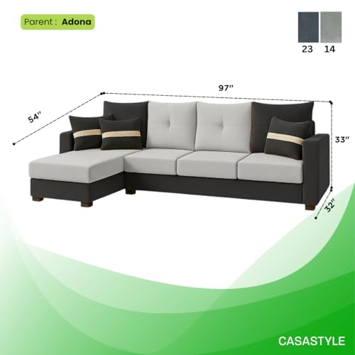 Image of CASASTYLE Vogue 5 Seater Fabric LHS L Shape Sofa Set (Light Grey-Dark Grey) Velvet Finish | Comfortable Sectional Sofa for Living Room