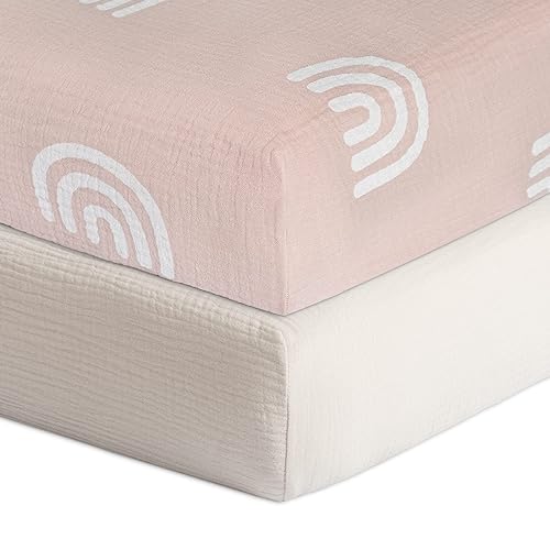 Meracorallo Muslin Fitted Crib Sheets, 2 Pack Soft Breathable Cotton Baby Crib Sheet, Boho Neutral Crib Sheet For Standard Crib And Toddler Mattress 28"X52" (Rainbow & Fog) #TOP6
