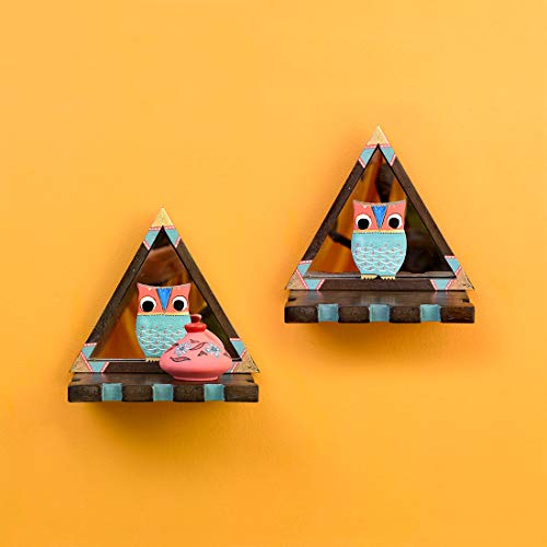 Image of AAKRITI ART CREATIONS Triangular Wall Decor Shelves (SO2) with Blue Owl Motifs Set on Mirrors (7x4.7x7.2)
