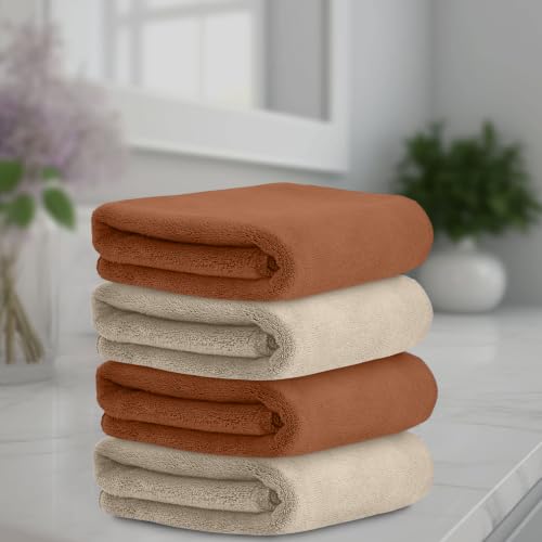 Image of HOUSSE Microfiber Face Towels | Ultra Absorbent, Odour-Free, Quick Dry 550 GSM Face Towel for Home, Gym, Travel, Running and Personal Use | 30x30 cm | Set of 4 Caramel Cafe & Beige (Pack of 4)