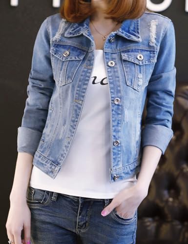 Snoly Women's Jean Buttons Ripped Denim Jackets Coats with Detachable Hood,Sherpa Fleece Linings And regular Jackets4