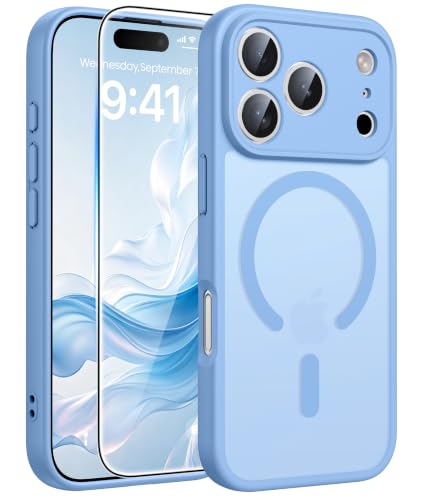 Image of FNTCASE for iPhone 17 Pro-Max Case: Translucent Light Blue Slim Matte Cover Compatible with MagSafe, Full Camera Protection & Tempered Glass Protector, 14FT Military Grade Drop Tested