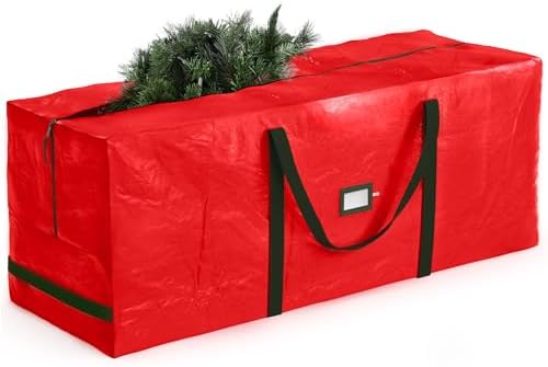 ZOBER 9 Ft Large Christmas Tree Storage Bag - Fits 9 Ft Artificial Trees - Plastic, Waterproof Christmas Tree Bag For Storage Box For Xmas - Strong, Durable Handles - Label Card Slot - Red