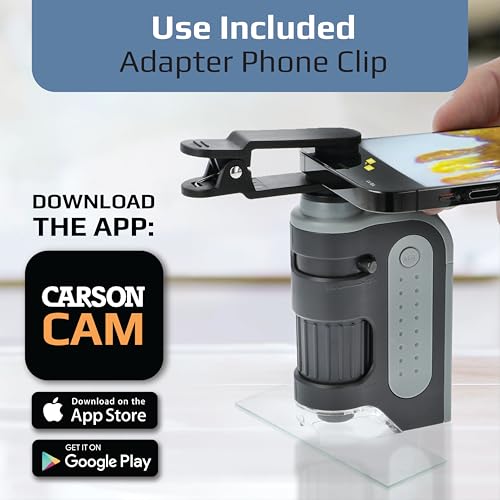 Image of Carson MicroBrite Pro Kit with Pocket Microscope & Smartphone Adapter Clip | Science Kit with 60x-120x LED Lighted Pocket Microscope and Smartphone Adapter For Digiscoping - Set of 4 (MM-350MU)