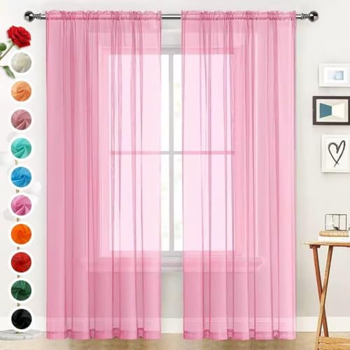 SpaceDresser Basic Rod Pocket Sheer Voile Window Curtain Panels Pink 1 Pair 2 Panels 52 Width 84 Inch Long for Kitchen Bedroom Children Living Room Yard（Pink, 52W x 84L）