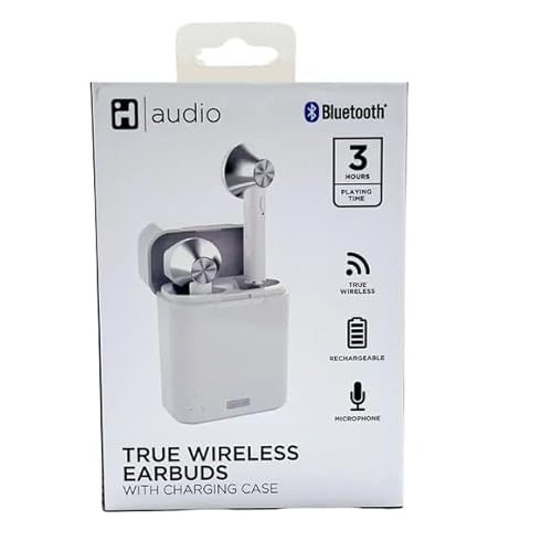 H Audio True Wireless Earbuds with Charging Case, Bluetooth, 3 Hours Playtime, Built-in Microphone, White
