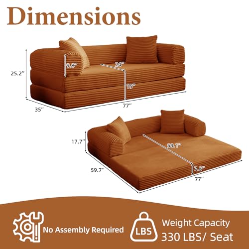 Image of Convertible Futon Sofa Bed, Fold Out Floor Sofa Couch with Sleeper Sofa,Folding Boneless Couches with Deep Seat,Cloud Corduroy Foldable Mattress Couch for Living Room (Orange)