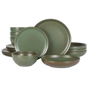 Gibson Elite Beckett Stoneware Matte Reactive Glaze 16 Piece (Service for 4) Plates and Bowls Dinnerware Set – Green