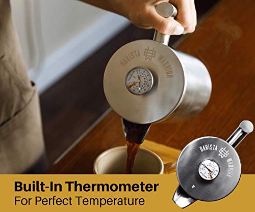 Barista Warrior Insulated Stainless Steel French Press with Thermometer - For Home Office Coffee Maker - Kitchen Appliances & Coffee Bar Accessories (1.0L, 34 fl oz, Silver) - Thumbnail 6