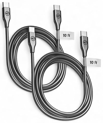 10Ft Anti-Tangle USB-C Charger Cable (2 Pack) Fast Charging (60W) Long 10 Foot Alloy-Braided Metal Type C Cord, Designed for Samsung and iPhone Devices (Gunmetal)