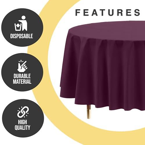 Image of Exquisite 66% Thicker Premium Plum Round Tablecloth 0.5 Mil 24 Pack Plastic Table Cloth Disposable 84 Inch Round Plastic Tablecloth Won't Tear Easily Like Cheap Thin Brands