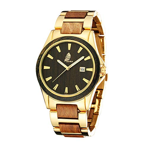 Negocios Relojes Hombre, CZOKA Sandalwood/Ebony/Zebra Wood Movimiento de Cuarzo japonés con Correa Ajustable Artesanía Artesanal Madera Relojes, (Green Sandal Metal)