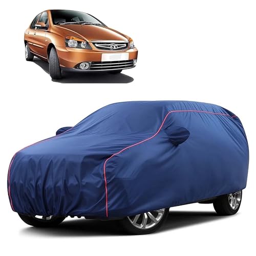 Image of Sulfar 100% Water Resistant Car Body Cover Compatible with Mirror for Tata Indigo CS (Triple Stitched, Full Bottom Elastic, Blue Taffeta with Red Piping)