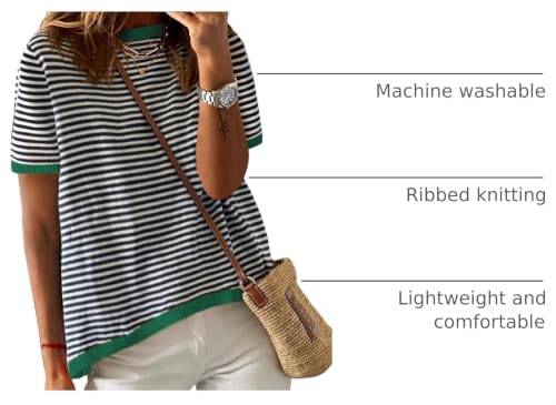 Image of Womens Short Sleeve Striped Color Block Crew Neck Sweater Shirt Lightweight Cotton Casual Summer Pullover Tops