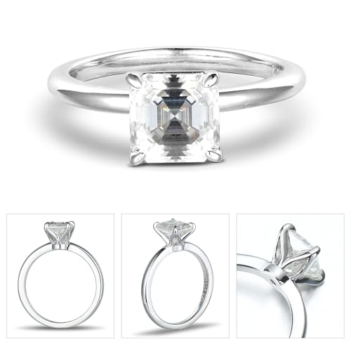 MOOSEA Moissanite Rings for Women, 2ct D Color VVS1 Clarity Asscher Cut Solitaire Lab Created Moissanite Ring 14K White Gold Vermeil 925 Sterling Silver Moissanite Engagement Rings for Women Size 4-114