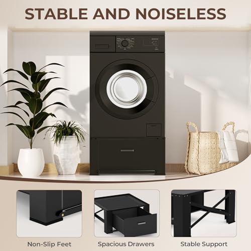 Image of Washer and Dryer Stand - 28 inch Laundry Pedestals ,Top with Panel, Steel Washing Machine Pedestal Raiser, 14.2 Inches Height Elevation Black
