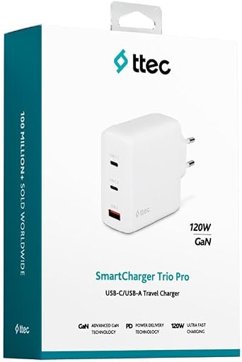ttec SmartCharger Trio GAN 120W PD Travel Fast Charger 2 USB-C+USB-A White 2SCG04B
