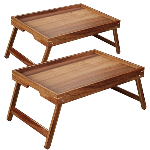 Fibogollo 2 Pack Acacia Wood Bed Tray Table with Folding Legs,Breakfast Trays,Serving Tray for Food and Snack,Laptop Trays for Working(Natural)