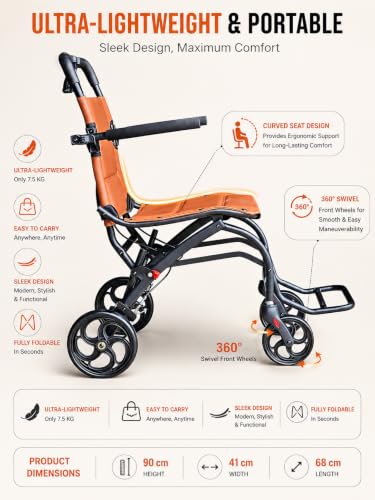 Image of VEAYVA Premium Portable Wheelchair for Adults & Elderly | Lightweight & Foldable | Soft Brown Cushion Seat | Curved Ergonomic Design | Compact Travel Mobility Chair for Seniors, Patients & Caregivers | Indoor & Outdoor Use