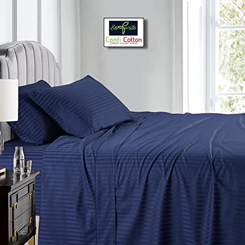 Image of Sofrito Bed Sheet Glace Cotton Striped - 300 TC - Super King (108 inchx108 inch) - with 2 Pillow Cover | Ideal for Hospitals, Clinics, Hostels, PGs, Hotels & Guest Houses | Navy Blue