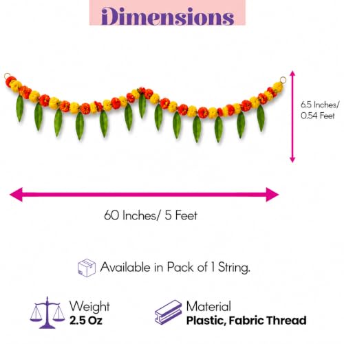 Image of LOVENSPIRE Marigold and Mango Leaf Door Toran (5 Ft.) Traditional Floral Garland Valance for Festival and Pooja Decor, Indian Bandarwal Hanging for Diwali, Weddings, and Housewarming Favors