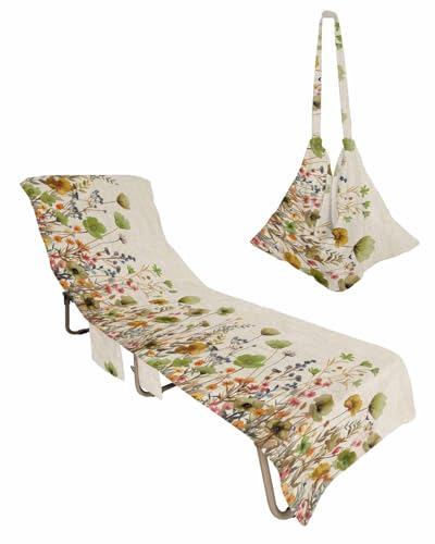 Green Flower Beach Chair Cover with Side Pockets, Microfiber & Quick Dry Pool Chaise Lounge Chair Towels Covers for Sun Sunbathing Patio Garden Hotel, Pastoral Country French Plant Leaves Farmhouse
