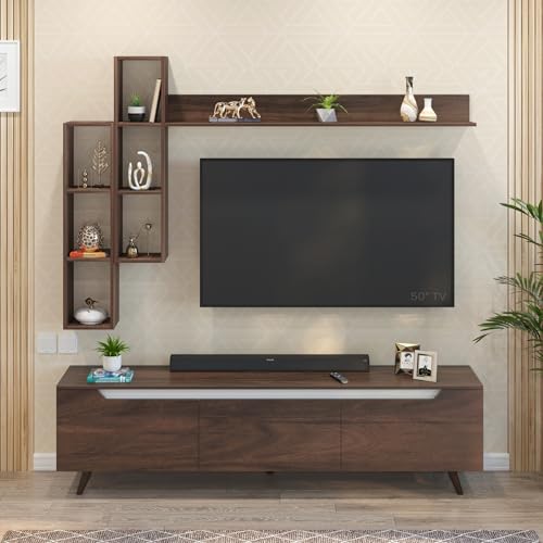 Image of BLUEWUD Blesky Miltra TV Unit Multipurpose Combo, TV Stand with top shelf for Decor Display, TV Entertainment Unit with Handleless doors, for Living Room, Home (DIY- Brown Maple) (Blesky Miltra Combo)