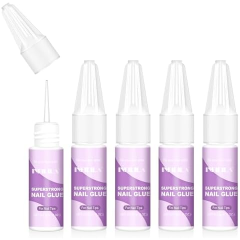 NXJ INFILILA Super Strong Nail Glue for Acrylic Nails, Nail Tips and Presser Nails Professional Nail Art Glue Fake Nail Tip Break Adhesive Fake Nail Repair Long Lasting 0.1oz 5 Pcs Cover