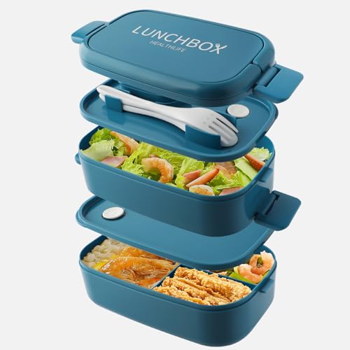 HENSHOW Fiambrera 2 Capas, 1500ML Bento Lunch Box Prueba de Fugas con 4 Compartimentos, Lonchera con Cubiertos para Niños Adultos, Fiambrera Apilable Sin BPA Ideal para Picnic y Trabajo (azul)