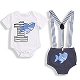 Baby Birthday Shark Clothes Baby Boy Girl Short Sleeve Bodysuit and Cake Smash Outfits (Blue, 15-18 Months)