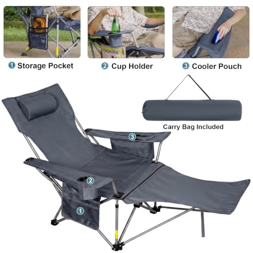 Image of Romswi 2Pack 4-Position Reclining Camping Chair with Removable Footrest, 2-in-1 Adjustable Portable Lounge Chair with Cooler Bag, Cup Holder, Side Pockets & Carry Bag for Outdoor, Grey