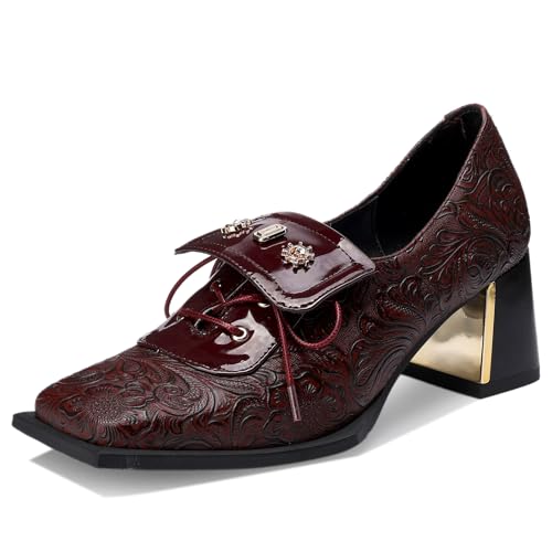 Image of Loafers for Women Patent Leather Buckle Square Toe Chunky Block Dress Slip On Wide Casual Comfortable Dressy High Heels Ladies Comfort Moccasins Elegantes 2 Inch Shoes