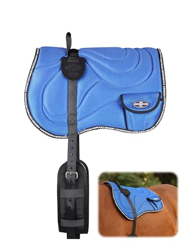 Harrison Howard Bareback Horse Riding Pad Breathable Mesh Cushioned No-Saddle Pad with Girth for Trail Training Champion Blue
