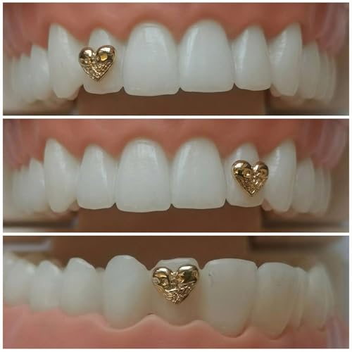 Image of Chamon Tooth Gems, 8K Gold Dental Jewelry 4-6mm, 1 Piece Teeth Gems Starter Kit with with Tweezers (Skull Heart)