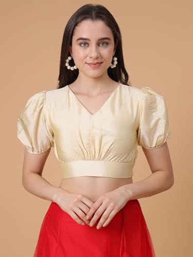Image of Frolic Rolic Premium Silk V-Neck Blouse Readymade Saree Blouse - Designer Puff Sleeve Blouse for Wedding