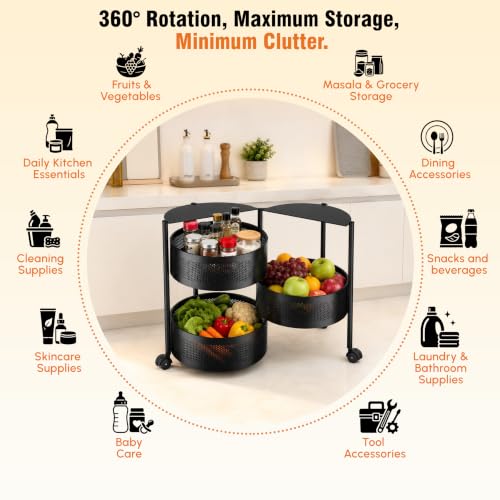 Image of JD FRESH 3 Tier Metal Rotating Kitchen Trolley /360-Degree Rotating Wheels with Expandable Side Opening Design /Movable Butterfly Trolley and Storage Shelf for Kitchen, Livingroom or Bathroom (Black)
