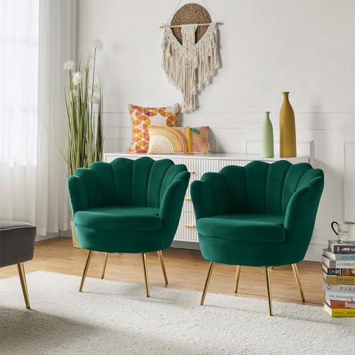 Image of HULALA HOME Modern Velvet Accent Chairs Set of 2 with Shell Shaped Back, Cute Living Room Bedroom Armchairs Sofa Chairs with Gold Legs, Comfy Upholstered Vanity Chairs for Makeup Room, Green