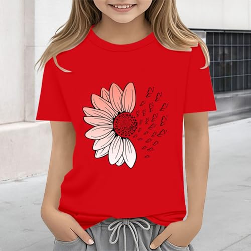 Girls Loose Fit Sunflower Graphic T Shirts Short Sleeve Crewneck Cute Pattern Printed Tops Kids (B-Red, 10-11 Years)4