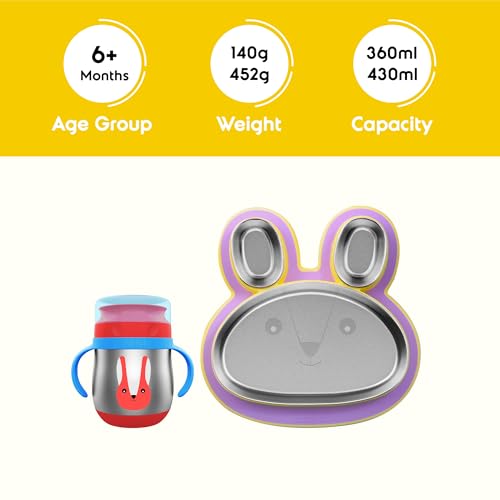 Image of rabitat Happy Tummy Combo Stainless Steel 360 Training Cup Bunny Boo 390ml and Hoppy Playte Purple 430ml 3-Sectional Plate for Toddlers & Kids |2 Year Brand Warranty