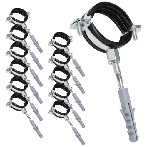BEASAFY Juego de 12 abrazaderas de tubo de 50 mm con abrazadera de tubo, tacos y tornillos de bastón, soporte para tubo de pared, fijación de tubo con inserto de goma para tuberías de agua, conductos
