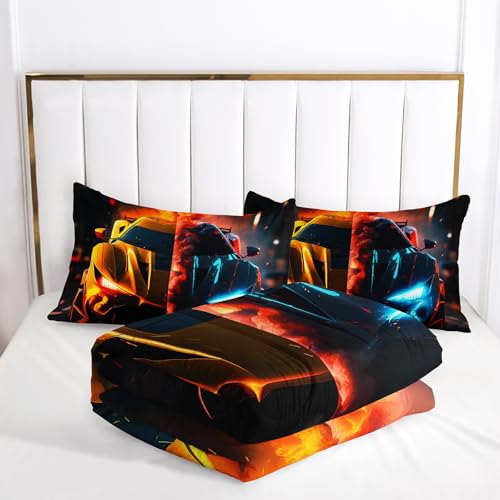 Image of Boys Comforter Set Twin Size Race Car,Kids Twin Size Blue and Red Race Car Bedding Set,Race Car Quilt Twin with 1 Comforter with 2 Pillow Case,Kids Race Car Themed Bedroom Decor for Boys
