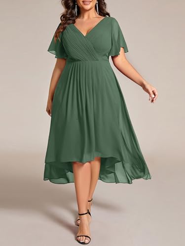 Image of Ever-Pretty Plus Summer Short Sleeves V-Neck Formal Wedding Guest Dresses for Curvy Women Chiffon Midi Cocktail Party Dress